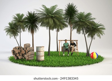 Romantic beach scene with couple on swing surrounded by palm trees, logs, and beach ball. Suitable for travel or vacation concepts. - Powered by Shutterstock