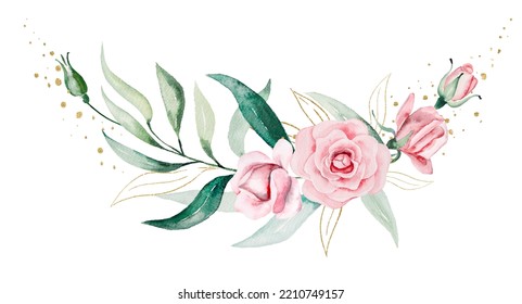 Romantic Bouquet Frame Made Of Light Pink Watercolor Flowers And Green Leaves Illustration, Isolated. Floral Element For Summer Wedding Stationery And Greetings Cards