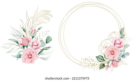 Romantic Bouquet And Frame Made Of Light Pink Watercolor Flowers And Green Leaves Illustration, Isolated. Floral Element For Summer Wedding Stationery And Greetings Cards