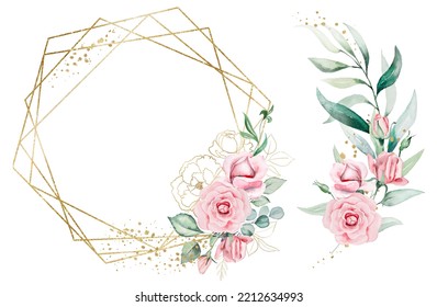 Romantic Bouquet And Frame Made Of Light Pink Watercolor Flowers And Green Leaves Illustration, Isolated. Floral Element For Summer Wedding Stationery And Greetings Cards