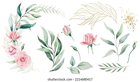 Romantic Bouquet Frame Made Of Light Pink Watercolor Flowers And Green Leaves With Single Elements, Illustration Isolated. Floral Elements For Summer Wedding Stationery And Greetings Cards