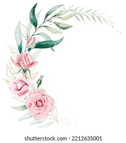 Romantic Bouquet Made Of Light Pink Watercolor Flowers And Green Leaves Illustration, Isolated. Floral Element For Summer Wedding Stationery And Greetings Cards