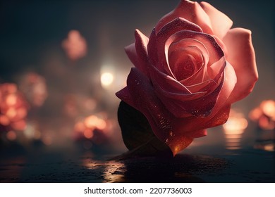 Romantic Bouquet Of Roses. Fantasy Rose, Light Blurred Bokeh. Romantic Evening Atmosphere, Rose Garden, Rose Bouquet, Flowers. 3D Illustration