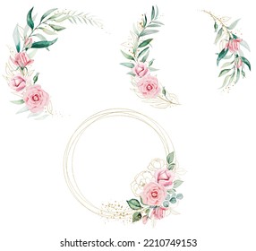 Romantic Bouquet, Wreath And Frame Made Of Light Pink Watercolor Flowers And Green Leaves, Isolated Illustration. Floral Element For Summer Wedding Stationery And Greetings Cards