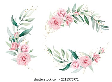 Romantic Bouquet And Wreath Made Of Light Pink Watercolor Flowers And Green Leaves Illustration, Isolated. Floral Element For Summer Wedding Stationery And Greetings Cards