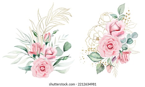 Romantic Bouquets Frame Made Of Light Pink Watercolor Flowers And Green Leaves Illustration, Isolated. Floral Element For Summer Wedding Stationery And Greetings Cards