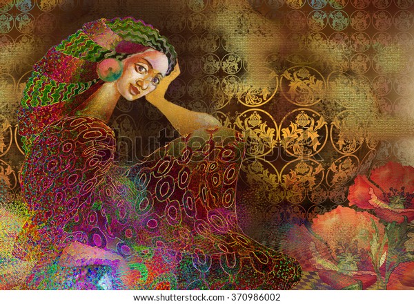 romantic composition with Painting of exotic nice girl 