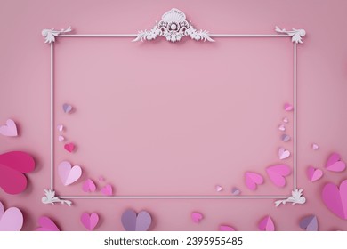 Romantic copyspace background with classic shaped frame with heart shapes, 3d rendering