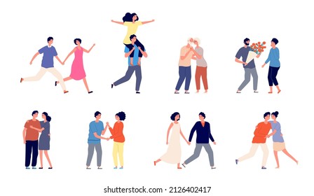 Romantic Couple Characters. Happy Couples, Romance Adult Hugging In Love. Smiling People Walking, Isolated Woman Man Partners Set