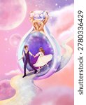 Romantic Couple Dancing Inside Giant Diamond Ring in Dreamy Fantasy Sky Illustration