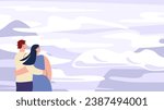 Romantic couple looking flying clouds on sky. Positive future scene, new family perspective. Mental health and freedom, no borders concept