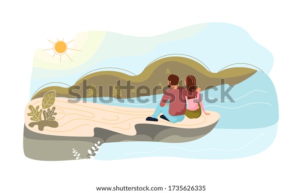 ロマンチックなカップルが 川の上の崖の高い岩の上に座ってハグをしている 自由と自然との調和の比喩 フラットアートラスタードコピー のイラスト素材