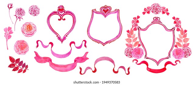 Romantic Crest, Banner Ribbons, Flowers Set. Watercolor Hand Painted Illustration