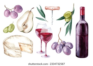 Romantic dinner. A bottle of red wine, camembert, olives and pears. Set of watercolor illustrations isolated on white background