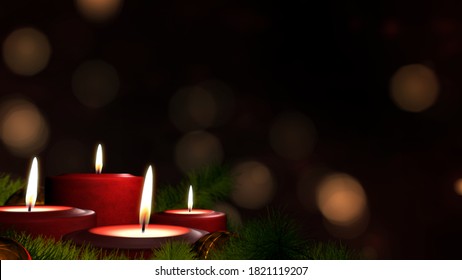 Romantic festive Christmas holiday evening. Four lit red candles on indoor Advent wreath. Romantic festive candlelight with tranquil bokeh lights and dark copy space. 3D illustration Xmas background. - Powered by Shutterstock