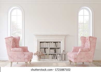 Romantic Fireplace. Interior Mockup. 3d Render.