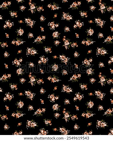 Romantic floral pattern featuring delicate peach and coral roses scattered on a deep black background. The design includes small clusters of roses with olive green leaves, creating a vintage-inspired 