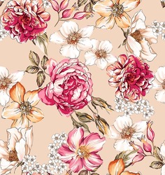 Romantic Flowers Vintage Colorful Beautiful And Detailed Elements Seamless Motif Pattern. Peony, Roses, Lily, Small Bouquet White Elements And Leaves. Beige Color Background.