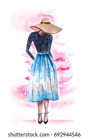 Romantic Girl In A Watercolor Illustration Hat