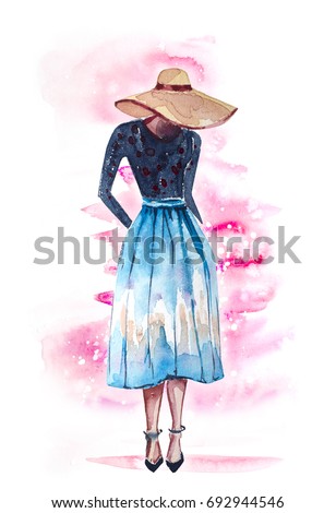 Romantic girl in a watercolor illustration hat