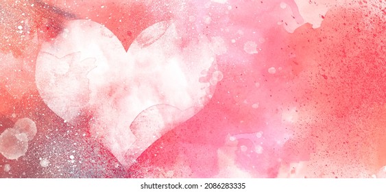Romantic heart artistic watercolor background - unique background design with stains and drips of paint. Festive banner for Valentine's Day or wedding