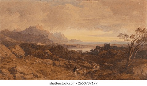 Romantic Landscape with Distant Mountains by John Varley. Vintage nature landscape painting artwork, old illustration of nature landscape, vintage nature landscape artwork.