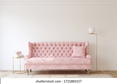 Romantic Living Room With The Pink Couch. Interior Mockup. 3d Render.