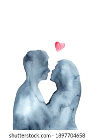 Romantic love story silhouette on watercolor background.Couple in love standing together.Love concept.Watercolor hand drawn painting.