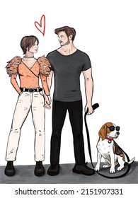 Romantic Loving Young Couple Walking Dog. Cool Stylish Guy, Girl With Pet Beagle. Illustration, Card For Valentine's Day