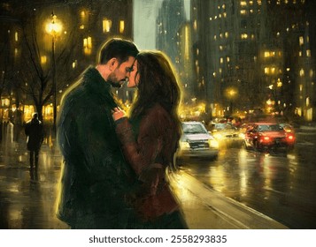 Romantic meeting of a man and a woman, love, look, street in the city. Oil paintings landscape, fine art, person walking in the night city - Powered by Shutterstock