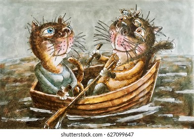 Romantic Meeting Of Two Cats, Boating With Oars, Sunny Summer Day On The River, Illustration, Watercolor