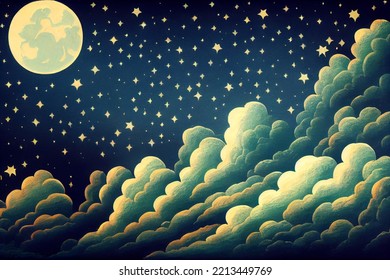 Romantic Moonlight Above Clouds, With Starry Night As Background.