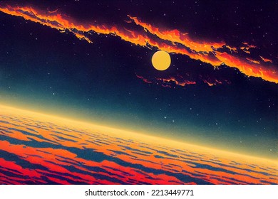 Romantic Moonlight Above Clouds, With Starry Night As Background.