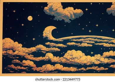 Romantic Moonlight Above Clouds, With Starry Night As Background.