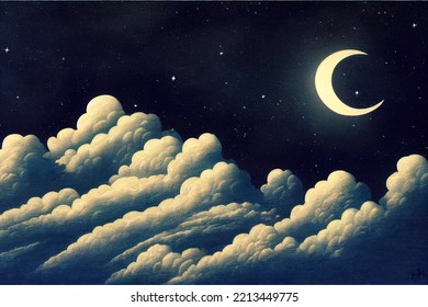 Romantic Moonlight Above Clouds, With Starry Night As Background.