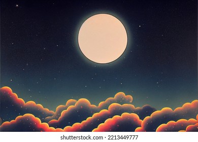 Romantic Moonlight Above Clouds, With Starry Night As Background.