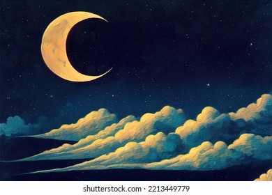 Romantic Moonlight Above Clouds, With Starry Night As Background.