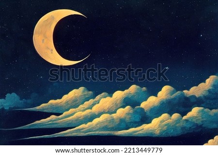 Romantic moonlight above clouds, with starry night as background.