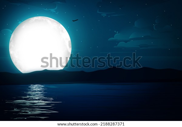 Romantic Night Landscape with Full Moon Light and Blue Sky, Water and stars background. Abstract Night wallpaper with clouds and moon.