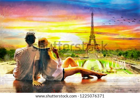 Romantic oil painting of couple loking too sunset And Eiffel tower in Paris, oil on canvas, colorful, watercolor, love, art