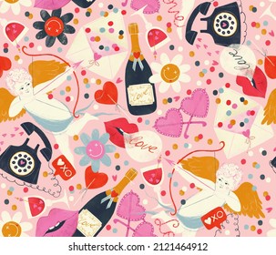 Romantic pattern for Valentine’s Day with colorful confetti, heart sunglasses, vintage phone, champagne and cocktails, cute cupid with a bow and arrow, heart candy, colorful flowers, red lips on pink