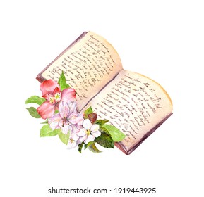 Romantic pink flowers and open old book with hand written text. Watercolor painted vintage illustration for education, school design - Powered by Shutterstock