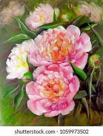 Romantic Pink Peonies, Oil Painting On Canvas