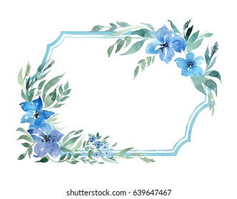 Romantic postcard of delicate watercolor blue flowers on a frame. Card template. Wedding invitation card, poster, label