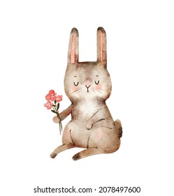 Romantic Rabbit With A Bouquet Of Flowers, Watercolor Illustration In Cartoon Style