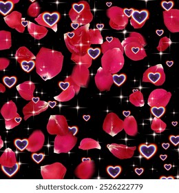 Romantic rose petals float against a starry black backdrop, adorned with twinkling hearts and shimmering sparkles. Perfect for love-themed designs, wedding decoration, or dreamy, elegant backgrounds. - Powered by Shutterstock