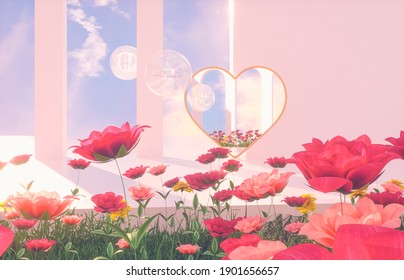 Romantic Scene With Geometrical Forms, Arch With Rose Flower Garden In Natural Day Light. Minimal 3d Landscape Background. 