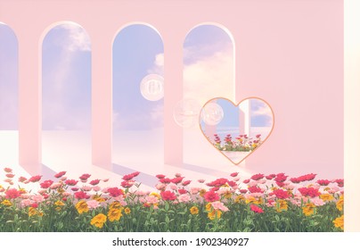 Romantic Scene With Geometrical Forms, Arch With Rose Flower Garden In Natural Day Light. Minimal 3d Landscape Background. 