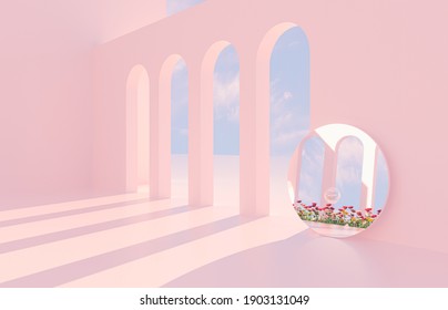 Romantic Scene With Geometrical Forms, Arch With Rose Flower Garden In Natural Day Light. Minimal 3d Landscape Background. 