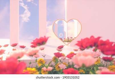 Romantic Scene With Geometrical Forms, Arch With Rose Flower Garden In Natural Day Light. Minimal 3d Landscape Background. 